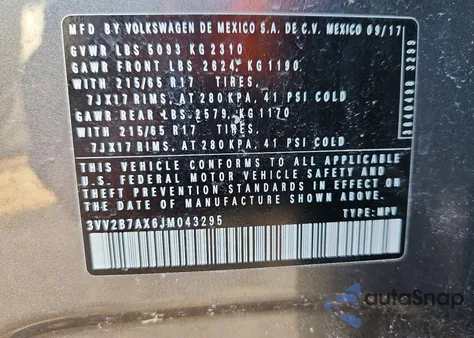 2018 Volkswagen Tiguan Se из США, поврежденный, VIN 3VV2B7AX6JM043295